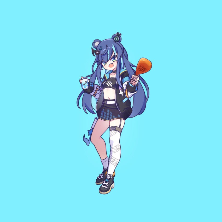 1girl blue_eyes blue_hair can cross_(vgne4542) fujikura_uruka highres holding holding_can long_hair phase_connect simple_background smile solo virtual_youtuber