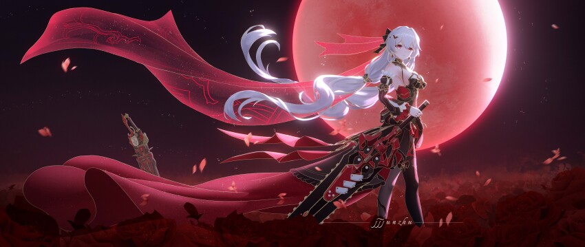 1girl absurdres bare_shoulders bat_hair_ornament black_bow black_collar black_dress black_sleeves black_thighhighs bow breasts bridal_veil chainsword chinese_commentary collar commentary_request detached_sleeves dress earrings field flower flower_field full_moon hair_between_eyes hair_bow hair_ornament highres holding_chainsword honkai_(series) honkai_impact_3rd incredibly_absurdres jewelry jjjunzhu large_breasts layered_dress long_dress long_hair looking_at_viewer low-tied_long_hair moon night night_sky planted planted_sword planted_weapon red_eyes red_flower red_moon red_petals red_rose red_veil rose see-through_dress_layer signature sky smile solo standing sword theresa_apocalypse theresa_apocalypse_(luna_kindred) theresa_apocalypse_(lunar_vow:_crimson_love) thighhighs veil very_long_hair weapon white_hair wide_shot