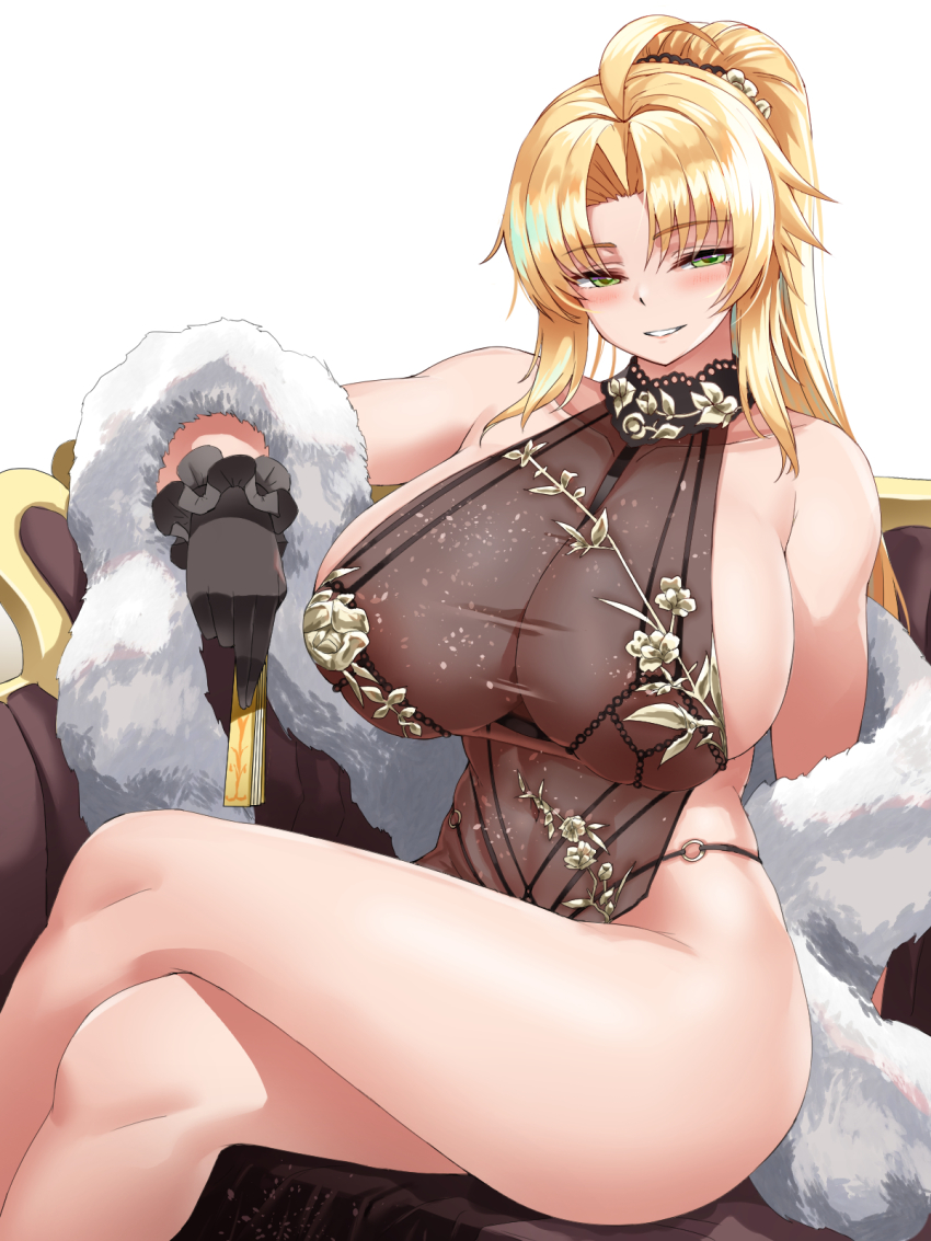 1girl ahoge barbariana_(last_origin) bare_shoulders black_dress black_gloves blonde_hair blush breasts cho!cho! cleavage commentary_request couch covered_navel crossed_legs dress folded_fan folding_fan gloves green_eyes hair_ornament hand_fan highres holding holding_fan huge_breasts last_origin long_hair looking_at_viewer navel on_couch parted_bangs ponytail see-through_clothes see-through_cleavage shawl simple_background sitting smile solo very_long_hair white_background
