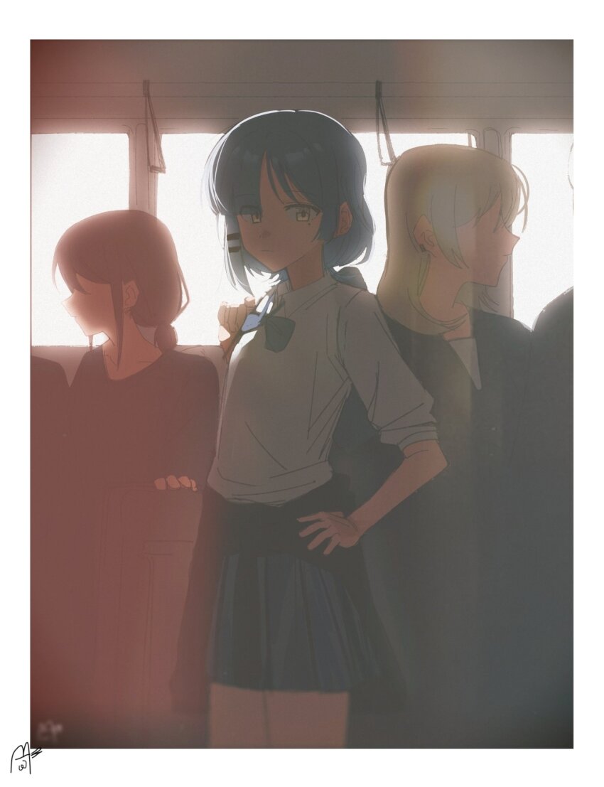 3girls asymmetrical_hair black_skirt blue_bow blue_bowtie blue_hair bocchi_the_rock! bow bowtie chinese_commentary commentary_request crossover earclip girls_band_cry grey_hair haidao_mao hand_on_own_hip highres iseri_nina kawaragi_momoka long_hair looking_at_viewer mole mole_under_eye multiple_girls pleated_skirt red_hair school_uniform shimokitazawa_high_school_uniform shirt short_hair short_twintails skirt sleeves_rolled_up train_interior twintails white_shirt yamada_ryo