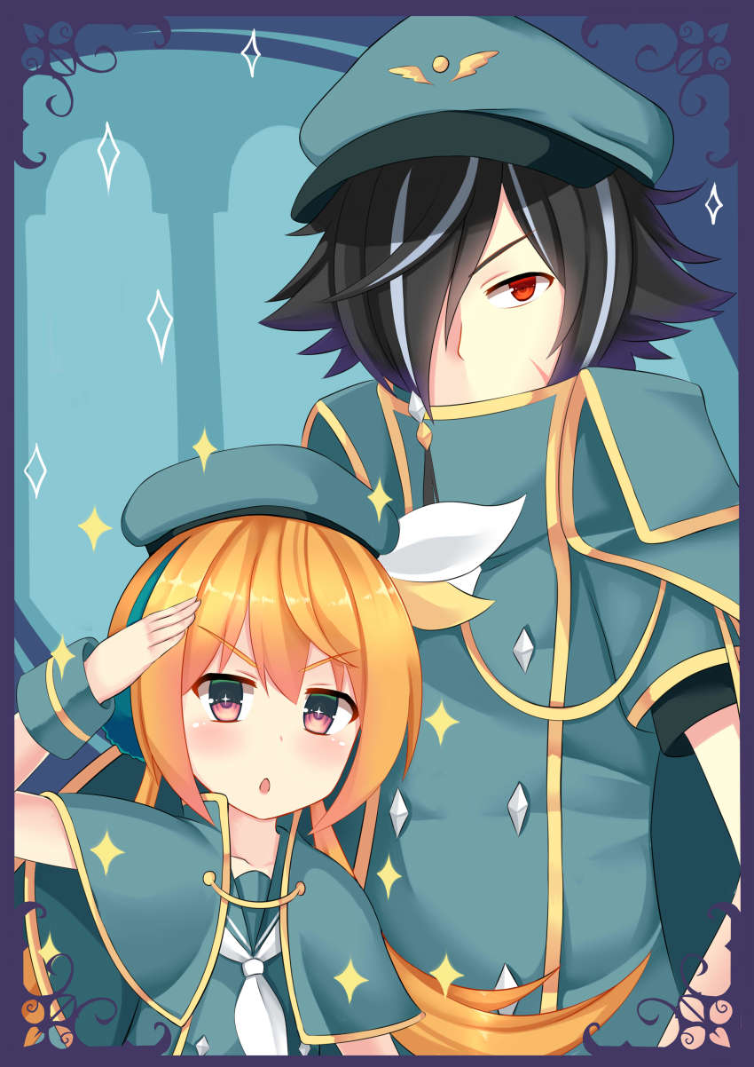 +_+ 1boy 1girl absurdres aqua_background aqua_hat asusilver_(artist) beret black_hair blonde_hair blush border cape capelet chestnut_mouth child collarbone efina hair_over_one_eye hat highres lieat long_hair looking_at_viewer multicolored_hair neckerchief peaked_cap pink_eyes red_eyes sailor_collar salute scar scar_on_face sparkle streaked_hair teobaldo_leonhearts two-tone_hair uniform white_hair wrist_cuffs
