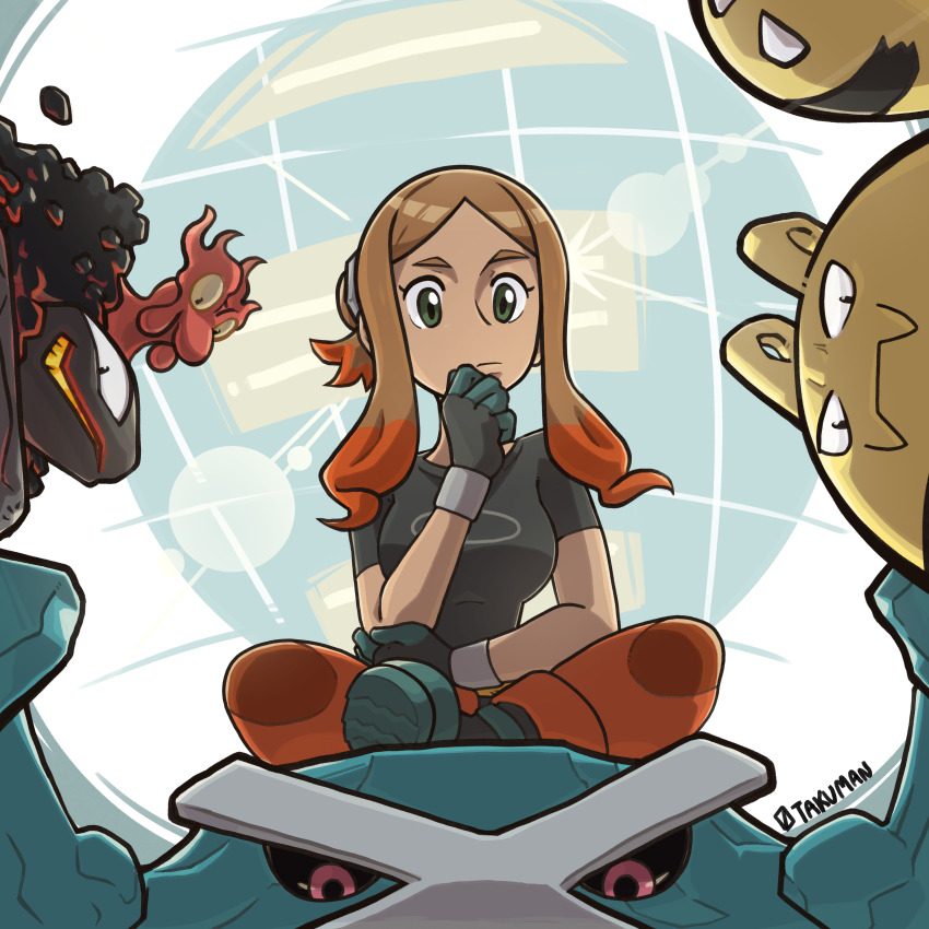 absurdres black_gloves black_shirt brown_hair carkol dark-skinned_female dark_skin elekid gen_2_pokemon gen_3_pokemon gen_8_pokemon gloves gradient_hair green_eyes highres metagross multicolored_hair nintendo orange_hair orange_pants orla_(pokemon) otakuman pants pokemon pokemon_(anime) pokemon_(creature) pokemon_horizons sakura_ayane shirt sitting slugma two-tone_hair