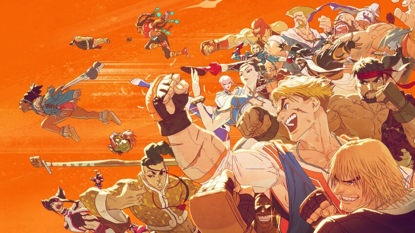 6+boys 6+girls a.k.i._(street_fighter) beard blanka cammy_white capcom chinese_clothes chun-li club_(weapon) dark-skinned_female dark-skinned_male dark_skin dee_jay dhalsim dougi e._honda everyone facial_hair fighting_stance flying guile han_juri highres jamie_siu jp_(street_fighter) ken_masters kimberly_jackson lily_hawk luke_sullivan manon_legrand marisa_(street_fighter) midair multiple_boys multiple_girls muscular muscular_female muscular_male official_art pogamoggan poncho ryu_(street_fighter) scar smile street_fighter street_fighter_6 sunglasses weapon zangief