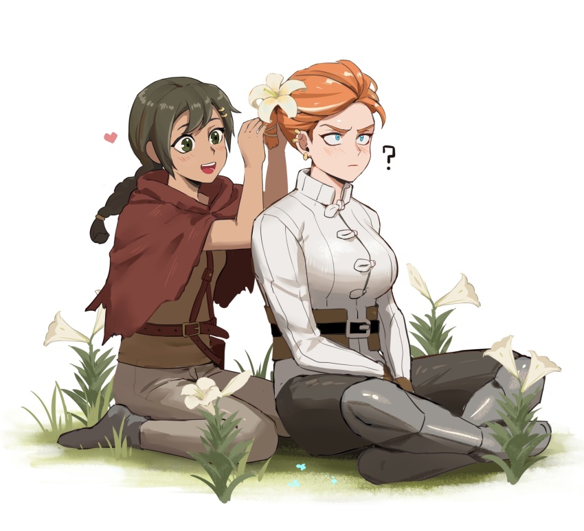 2girls artist_request bad_id bad_pixiv_id belt belt_pouch black_belt black_hair black_pants black_socks blue_eyes blush brown_belt brown_cloak cecily_(lonarpg) child cloak closed_mouth collared_shirt commentary confused earrings english_commentary flower gold_earrings grass green_eyes grey_pants hair_flower hair_ornament happy highres indian_style jewelry kneeling leather_belt light_frown lona_(lonarpg) lonarpg looking_ahead mature_female multiple_girls open_mouth pants poleyn ponytail pouch red_hair sabaton shirt sitting smile socks white_background white_shirt