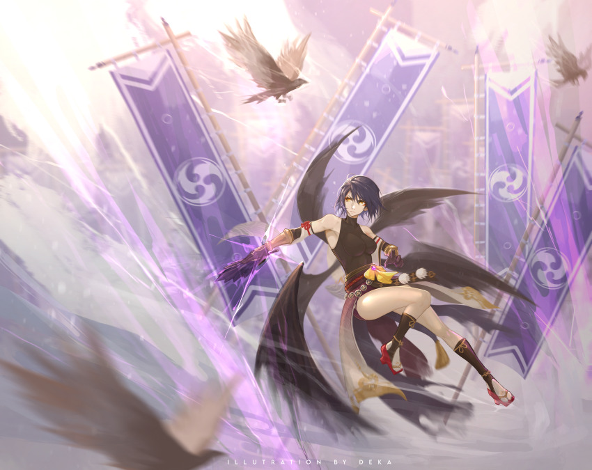 1girl absurdres arm_guards armpits bare_shoulders bird black_gloves black_wings blue_hair breasts clenched_hand collarbone collared_shirt crow dark_blue_hair deka_yo detached_sleeves elbow_gloves electricity epic eyelashes feather_fan feathered_wings feet_up female_focus fighting_stance flag flying full_body genshin_impact geta gloves hand_fan hand_up highres holding holding_fan huge_filesize japanese_clothes jewelry kneehighs kujou_sara legs looking_to_the_side mask medium_breasts medium_hair mihoyo multiple_wings neck necklace obi outdoors outstretched_arm sandals sash serious shirt shorts shorts_under_skirt sidelocks sleeveless sleeveless_shirt socks swept_bangs tabi tassel tengu tengu-geta thighs tomoe_(symbol) unworn_clothes unworn_mask vision_(genshin_impact) wide_sleeves wings yellow_eyes