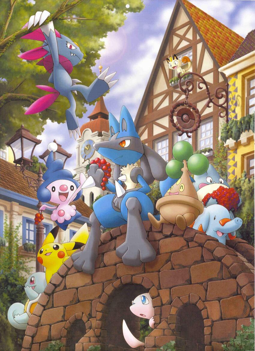 :d :o :q absurdres artist_request blue_eyes blue_sky bonsly building claws clock clock_tower closed_eyes closed_mouth cloud coin day eyelashes fangs food fruit game_freak gen_1_pokemon gen_2_pokemon gen_4_pokemon gold hanging_from_tree highres holding holding_food holding_fruit ivy koban_(gold) lamppost legendary_pokemon lucario meowth mew_(pokemon) mime_jr. munchlax mythical_pokemon nintendo no_humans official_art open_mouth phanpy pikachu plant poke_ball pokemon pokemon_(creature) pokemon_focus red_eyes scan sharp_teeth sitting sky smile squirtle teeth third-party_source tongue tongue_out tower tree weavile window
