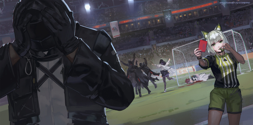 1other 3girls 4boys alternate_costume animal_ear_fluff animal_ears arknights black_gloves black_jacket black_shirt blood blood_splatter blowing_whistle cat_ears closed_mouth doctor_(arknights) gloves green_eyes green_shorts grey_hair hands_on_own_head highres holding holding_whistle hood hood_up hooded_jacket jacket kal&#039;tsit_(arknights) looking_at_viewer multiple_boys multiple_girls open_clothes open_jacket patrikeyevna priestess_(arknights) red_card shirt short_hair shorts soccer soccer_field stadium theresa_(arknights) whistle white_shirt wide_shot