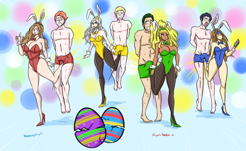 4boys 4girls animal_ear_headband ball_busting blue_leotard blue_male_underwear bow bowtie breasts broken_egg cleavage crotch_kick easter_egg egg fishnets green_leotard green_male_underwear high_heels leotard male_underwear multiple_boys multiple_girls ocigart phone playboy_bunny rabbit_ears red_leotard red_male_underwear topless_male yellow_leotard yellow_male_underwear