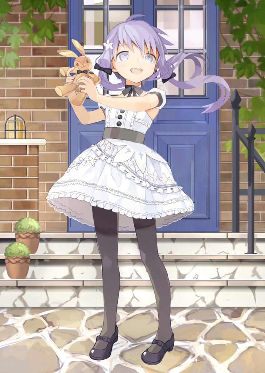 1girl black_pantyhose black_shoes commentary doll door dress female_focus fence flower frilled_dress frills full_body hair_flower hair_ornament hair_ribbon highres holding holding_doll kari_kenji leaf looking_up mary_janes neck_ribbon outdoors pantyhose plant potted_plant puffy_short_sleeves puffy_sleeves purple_eyes purple_hair rabbit ribbon shoes short_hair_with_long_locks short_sleeves sidelocks smile solo stairs standing stuffed_toy vocaloid white_dress yuzuki_yukari