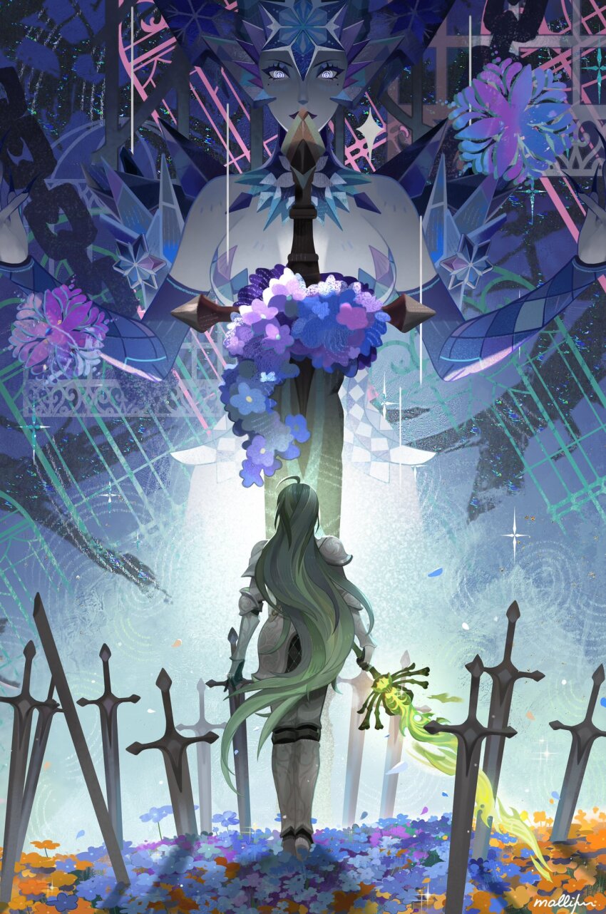 2girls afk_(series) afk_journey ahoge armor artist_name bare_shoulders blue_arm_warmers blue_eyeshadow blue_flower breasts chain couter cryonaia_(afk) demon detached_collar energy_sword eyeshadow field flower flower_bed flower_field from_behind graveyard greatsword green_hair highres holding holding_sword holding_weapon ice large_breasts long_hair looking_at_viewer makeup molli_hu multiple_girls orange_flower planted planted_sword planted_weapon purple_flower rerebrace ringed_eyes shoulder_armor snowflakes sparkle standing sword undead valka_(afk) vambraces weapon white_eyes