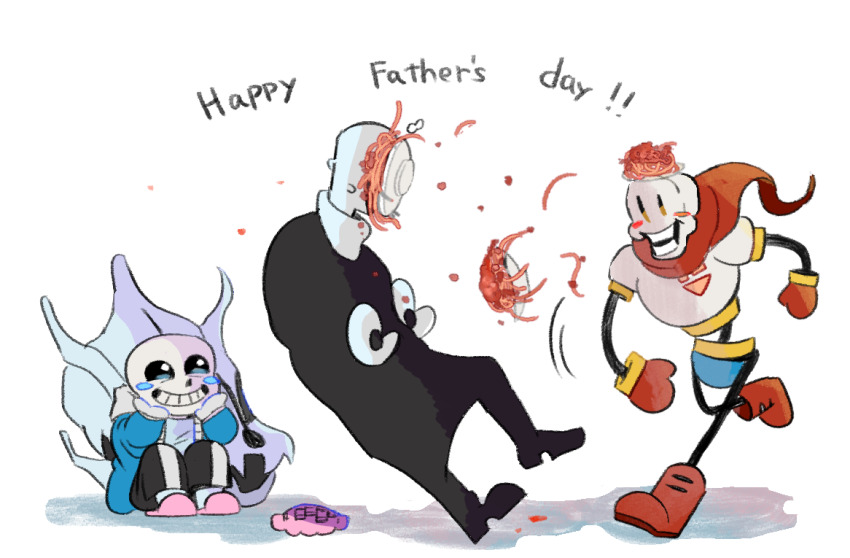 3boys black_sclera colored_sclera english_text father&#039;s_day food grin male_focus multiple_boys papyrus_(undertale) pasta sans_(undertale) skeleton smile tama_(tamafuku08) teeth throwing throwing_food undertale w.d._gaster white_background white_eyes