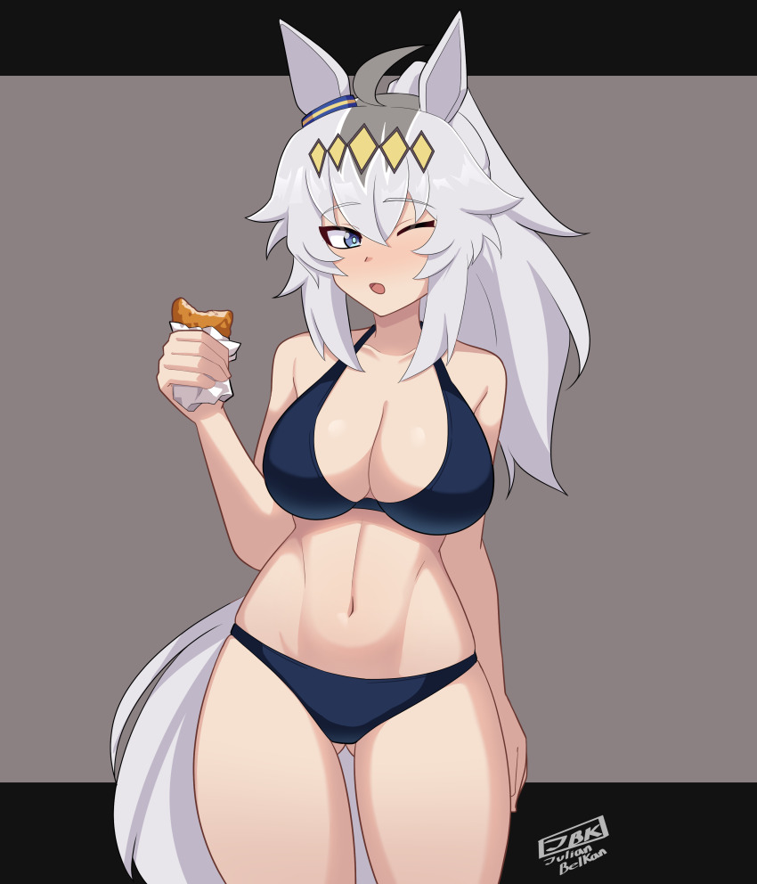 1girl absurdres ahoge alternate_costume animal_ears artist_logo artist_name bare_shoulders bikini black_bikini blush breasts cleavage commentary ear_ornament english_commentary food gluteal_fold grey_background grey_hair hair_between_eyes hair_ornament highres holding holding_food horse_ears horse_girl horse_tail julian_belkan large_breasts logo multicolored_hair navel oguri_cap_(umamusume) one_eye_closed open_mouth outside_border ponytail solo stomach streaked_hair swimsuit tail umamusume white_hair