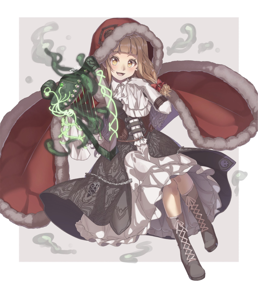 1girl aura blunt_bangs blush boots bow cape collared_shirt corset debuff999 dress fang frilled_dress frilled_sleeves frills fur-trimmed_cape fur_trim hair_bow happy harp highres holding holding_instrument hood hood_up instrument long_hair long_sleeves open_mouth orange_eyes red_riding_hood_(sinoalice) shirt simple_background sinoalice sitting solo wavy_hair