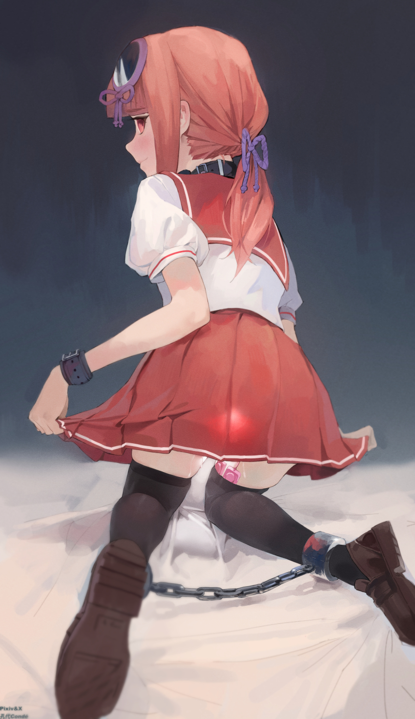 1girl 240mmap absurdres bdsm black_thighhighs blindfold bondage bondage_cuffs bound bound_legs collar cuffs from_behind handcuffs highres long_hair looking_at_viewer orange_hair original pleated_skirt ponytail red_eyes remote_control_vibrator restrained sailor_collar school_uniform serafuku sex_toy shackles shibari shirt shoes skindentation skirt slave thighhighs vibrator vibrator_cord white_shirt