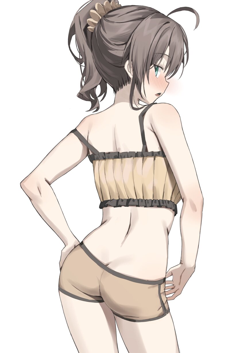 1girl absurdres ahoge ass back bare_arms bare_shoulders blue_eyes brown_hair commentary cowboy_shot crop_top from_behind hair_ornament hair_scrunchie hand_on_own_hip highres hololive long_hair looking_at_viewer looking_back median_furrow midriff natsuiro_matsuri natsuiro_matsuri_(matsuri&#039;s_day_off) open_mouth ponytail ribbed_shirt scarlet_(wv0102) scrunchie shirt short_shorts shorts simple_background sleeveless sleeveless_shirt solo strap_slip symbol-only_commentary virtual_youtuber white_background yellow_shirt yellow_shorts
