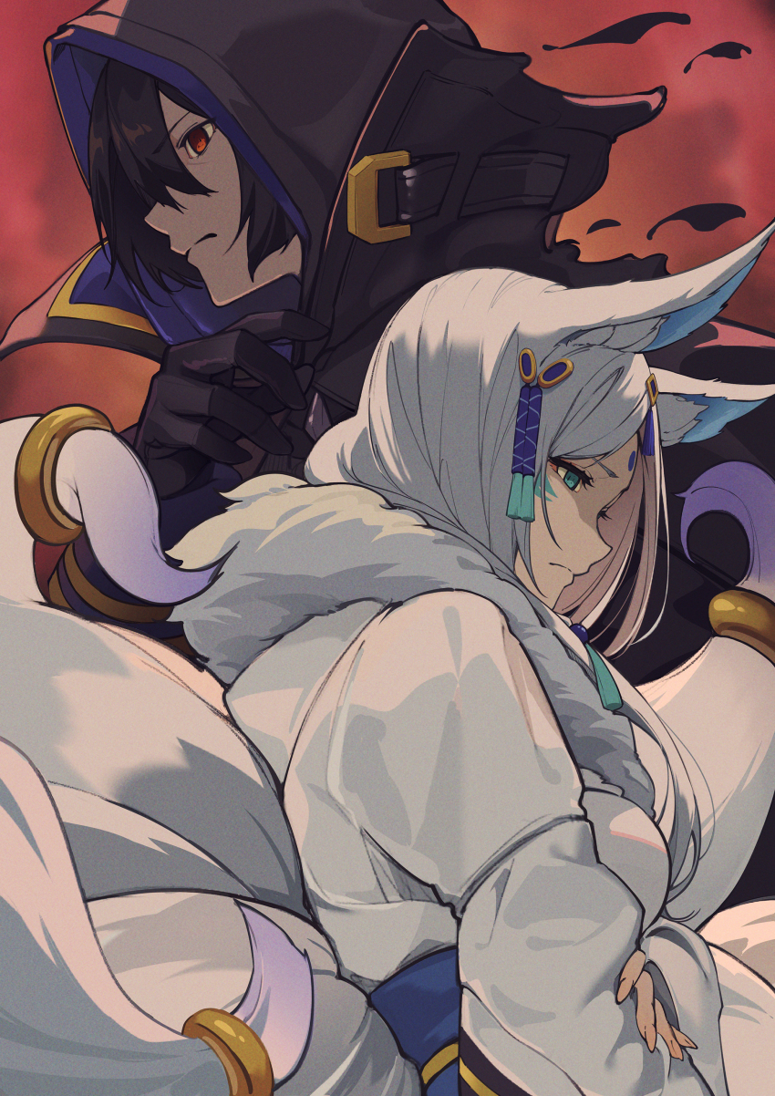 1boy 1girl absurdres animal_ears black_coat black_gloves black_hair c-eye cid_kagenou coat facial_mark fox_ears fox_girl gloves highres hood hood_up kage_no_jitsuryokusha_ni_naritakute! long_hair shadow_(cid_kagenou) solo tagme tail white_hair yukime_(kage_no_jitsuryokusha_ni_naritakute!)