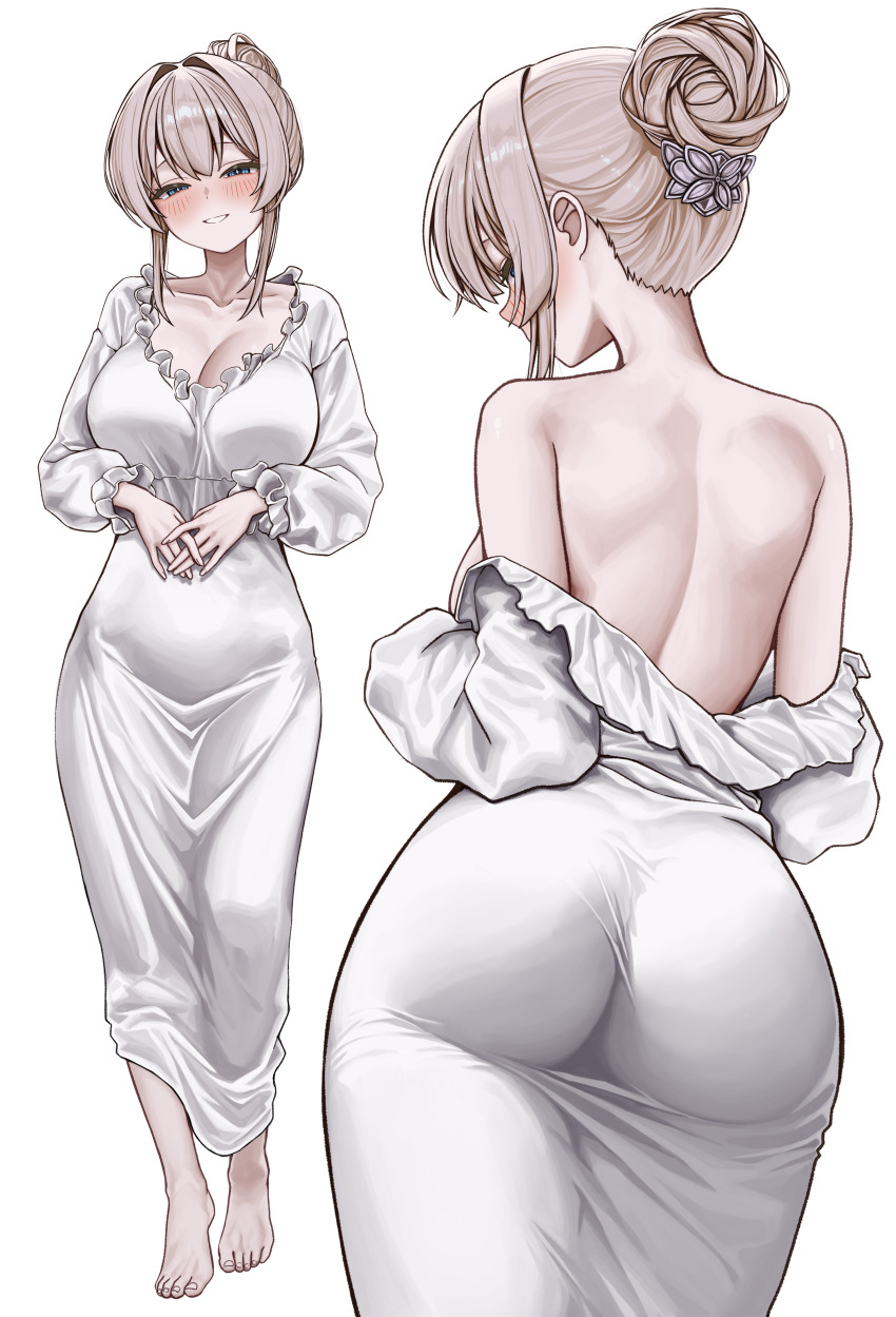 1girl absurdres ass back bare_shoulders barefoot blue_eyes blush breasts cleavage collarbone commentary_request feet from_behind full_body gwan-e hair_bun highres large_breasts long_sleeves looking_at_viewer looking_back multiple_views off_shoulder original parted_lips sidelocks simple_background smile standing toes tsukasa_erin_(gwan-e) white_background