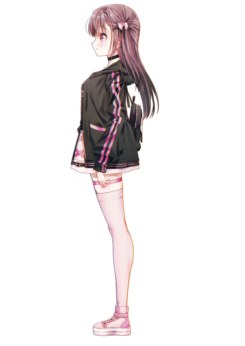 1girl arm_at_side black_choker black_jacket blush bow brown_hair choker closed_mouth commentary from_side full_body hair_between_eyes hair_bow hair_ornament high-waist_skirt highres hood hood_down hooded_jacket jacket jirai_kei long_hair long_sleeves looking_afar natsuoto_rito open_clothes open_jacket original pink_shoes pink_skirt pink_thighhighs profile red_eyes shoes simple_background skirt sleeves_past_wrists smile sneakers standing straight_hair tachi-e thigh_strap thighhighs two_side_up white_background white_bow x_hair_ornament zettai_ryouiki zipper