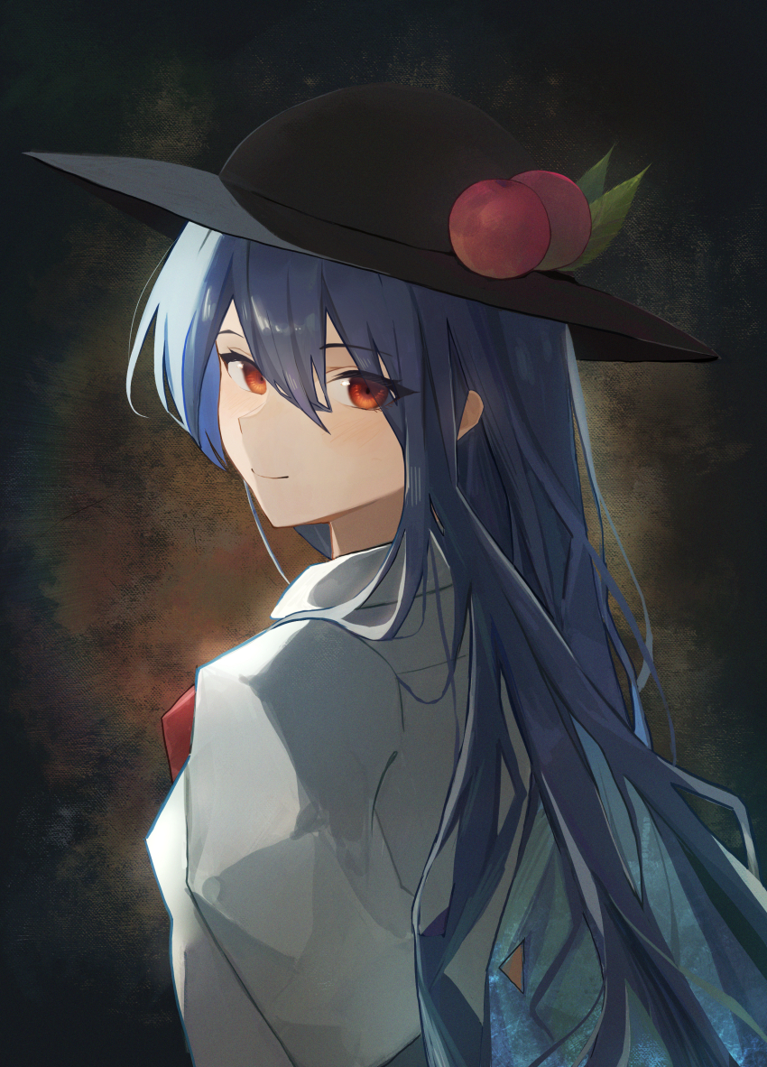 1girl absurdres black_hat blue_hair blush closed_mouth commentary food from_side fruit hair_between_eyes hat highres hinanawi_tenshi leaf long_hair looking_at_viewer looking_to_the_side palulap peach peach_hat_ornament red_eyes shirt smile solo touhou upper_body white_shirt