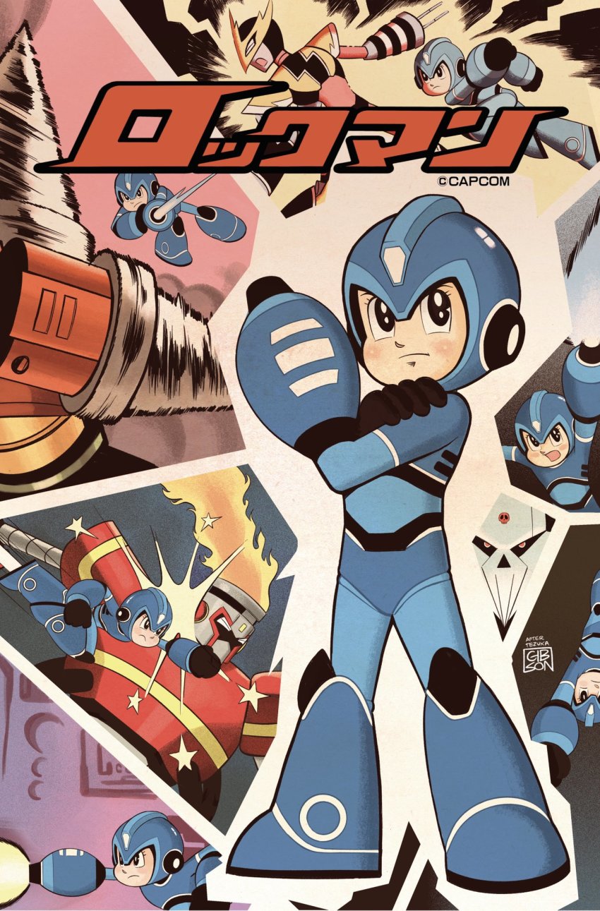 5boys android arm_cannon blue_eyes commentary copyright_name cover drill_man elec_man energy_beam english_commentary fire_man helmet highres ikehara_shigeto_(style) jordan_gibson mega_man:_fully_charged mega_man_(character) mega_man_(classic) mega_man_(series) multiple_boys open_mouth parody punching retro_artstyle signature skull_man_(mega_man) style_parody tetsuwan_atom weapon