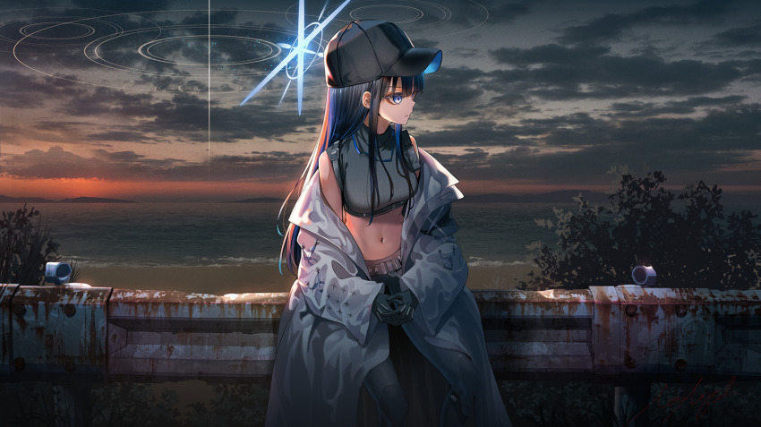 1girl armband bare_shoulders baseball_cap beach belt black_belt black_gloves black_hair black_hat black_pants black_shirt blue_archive blue_eyes blunt_bangs breasts chest_harness cloud cloudy_sky coat commentary_request cowboy_shot crop_top gloves halo harness hat highres long_hair looking_to_the_side medium_breasts midriff miyoshi_nao_(miyoshist) navel no_mask ocean off_shoulder on_railing outdoors own_hands_together pants parted_lips railing saori_(blue_archive) shadow shirt sitting sky sleeveless sleeveless_shirt solo sunset underbust white_coat