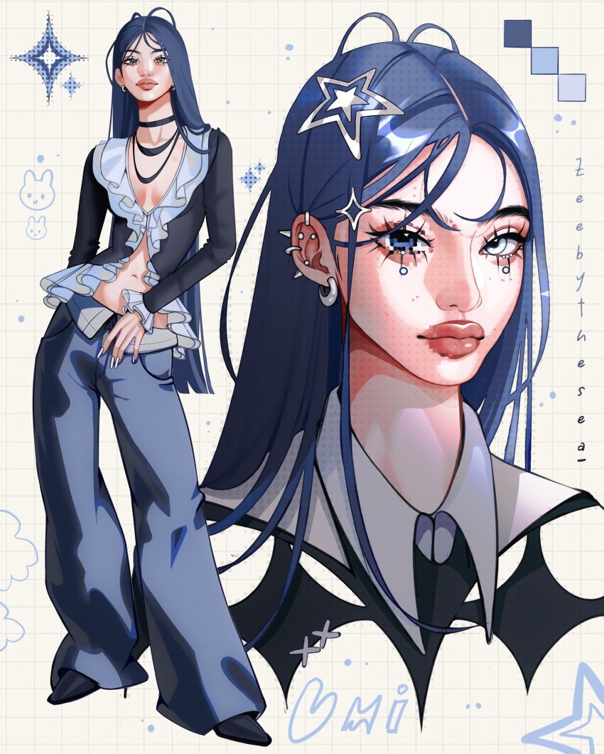 1girl aegyo_sal arm_behind_back artist_name asian baggy_pants black_shirt black_shoes blue_eyes blue_hair character_name collared_shirt color_guide cropped_head denim earrings eyelashes fashion flapper_shirt forehead four-pointed_star frilled_shirt frilled_sleeves frills full_body grid_background hair_around_neck hair_behind_ear hair_ornament halftone heterochromia high_heels highres jeans jewelry light_smile long_hair looking_at_viewer midriff mole mole_on_cheek mole_on_forehead mole_under_each_eye mole_under_eye multiple_moles multiple_views navel original pants parted_bangs pixelated shirt shoes spiked_ear_piercing star_(symbol) star_hair_ornament straight_hair streetwear thick_eyebrows thick_lips tight_clothes tight_shirt umi_(zeebythesea) v-neck very_long_hair white_background white_nails zeebythesea