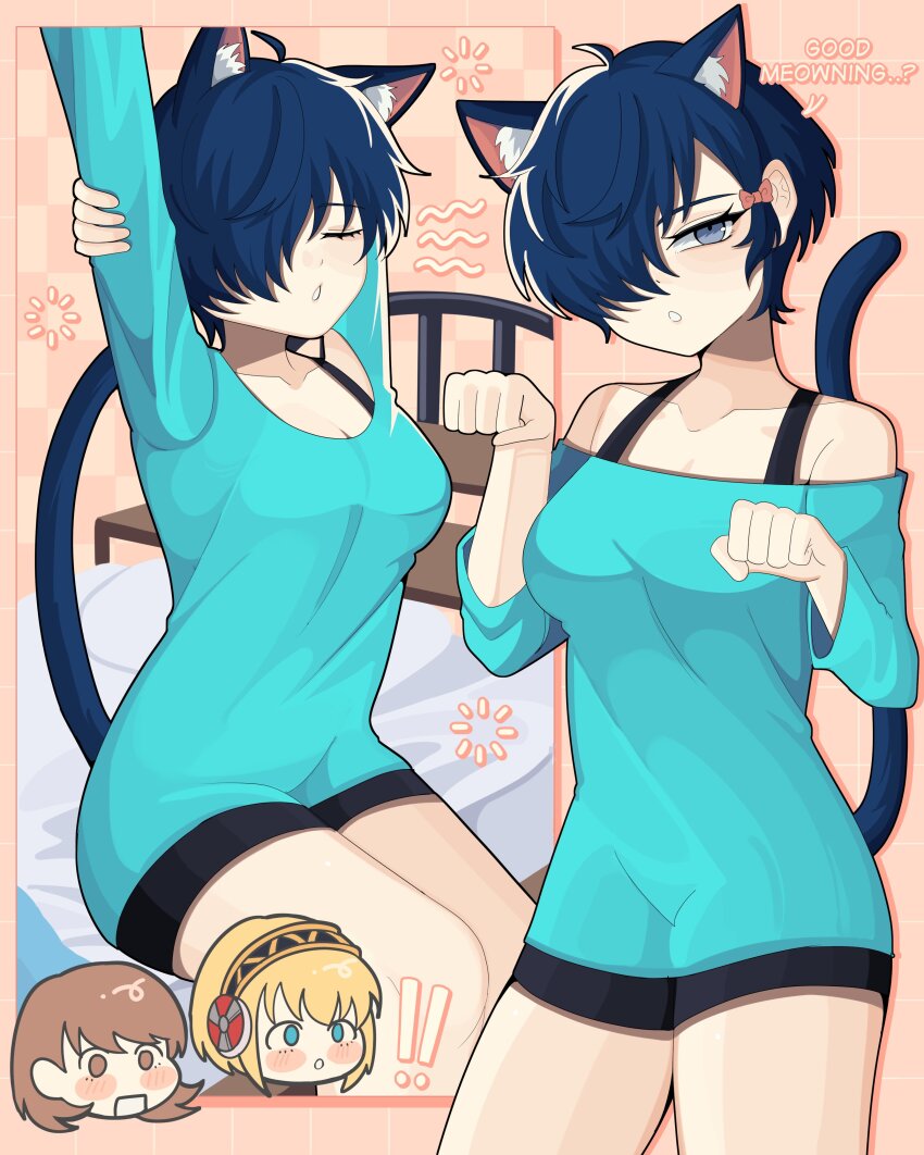 ! !! 3girls absurdres aigis_(persona) animal_ears aqua_eyes aqua_shirt arms_up bed bike_shorts black_shorts blonde_hair blue_hair blue_tail blush blush_stickers bobamiruku bow breasts brown_eyes brown_hair cat_ears cat_girl cat_tail chibi chibi_inset cleavage closed_eyes collarbone cowboy_shot english_text eyelashes feet_out_of_frame genderswap genderswap_(mtf) grey_eyes grid_background hair_bow hair_over_one_eye highres long_sleeves looking_at_viewer medium_breasts multiple_girls multiple_views off-shoulder_shirt off_shoulder one_eye_covered paw_pose persona persona_3 pink_background pink_bow shadow shirt short_hair short_shorts shorts sitting stretching tail takeba_yukari yuuki_makoto_(persona_3)