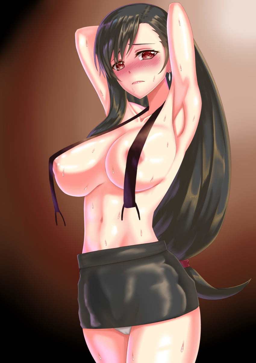 1girl absurdres areola_slip armpits arms_behind_head arms_up black_hair blush breasts convenient_censoring der_zweite earrings female_focus final_fantasy final_fantasy_vii frown gradient_background highres jewelry large_breasts long_hair looking_at_viewer navel panties red_eyes simple_background skirt solo standing sweat tifa_lockhart underwear white_panties
