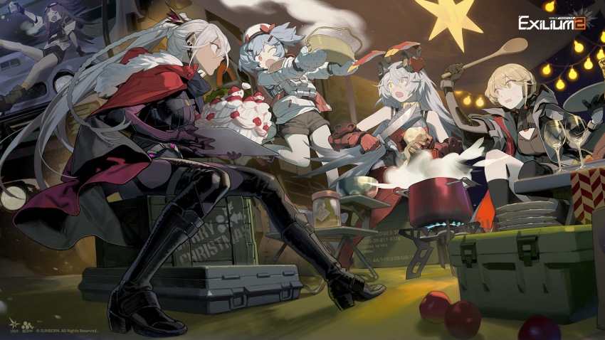 5girls animal_ears artist_request bad_link beer_can blonde_hair blue_hair boots bowl box brown_hair cake can colphne_(girls&#039;_frontline_2) crate cup drink_can drinking_glass earrings fake_animal_ears food girls&#039;_frontline girls&#039;_frontline_2:_exilium grey_hair groza_(girls&#039;_frontline_2) hair_ornament hairclip hat highres holding holding_can holding_food holding_knife holding_plate jar jewelry knife krolik_(girls&#039;_frontline_2) light_blue_hair long_hair mayling_shen_(girls&#039;_frontline_2) mess_kit multiple_girls nemesis_(girls&#039;_frontline_2) official_art official_wallpaper on_box one_eye_closed open_mouth oven_mitts peeling plate portable_stove potato shishio_(shishio5431) shorts sitting sitting_on_box spoon steam string_lights sweatdrop white_hair wine_glass wooden_spoon