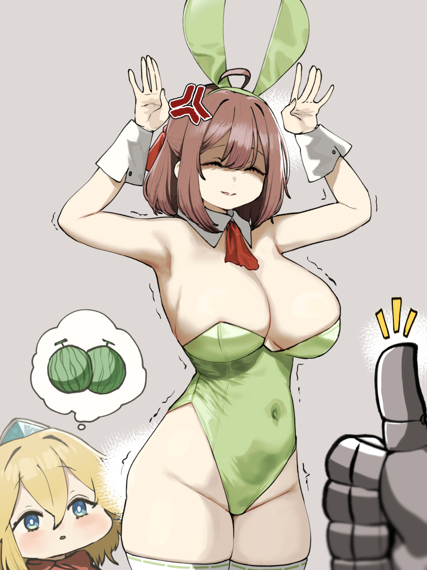 1other 2girls absurdres ahoge alternate_costume anger_vein animal_ears blonde_hair blue_eyes breasts brown_hair capelet center-flap_bangs chroong cleavage closed_eyes covered_navel cowboy_shot detached_collar double-parted_bangs fake_animal_ears food fruit gauntlets green_leotard grey_background guardian_tales hair_between_eyes hands_up highres innkeeper_loraine large_breasts leotard little_princess_(guardian_tales) melon multiple_girls necktie notice_lines parted_lips playboy_bunny pov rabbit_ears red_capelet red_necktie shaded_face short_hair simple_background smile speech_bubble strapless strapless_leotard thighhighs thought_bubble thumbs_up tiara trembling white_thighhighs wrist_cuffs