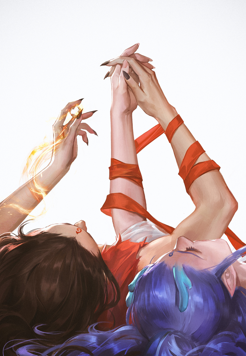2boys ao_bing_(nezha_zhi_motong_jiangshi) arm_up arms_up black_nails blue_hair brown_hair chinese_commentary closed_mouth commentary_request eastern_dragon_horns eyelashes facial_mark fingernails forehead_mark highres holding_hands horns kdash long_hair lying male_focus multiple_boys nezha_(nezha_zhi_motong_jiangshi) nezha_zhi_motong_jiangshi on_back red_ribbon ribbon sharp_fingernails side-by-side white_background yaoi