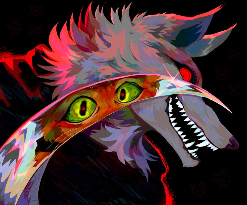 2boys absurdres cat catd3mon death_(puss_in_boots) dual_wielding fangs furry furry_male green_eyes highres holding multiple_boys open_mouth puss_in_boots:_the_last_wish puss_in_boots_(shrek) red_eyes reflection shrek_(series) sickle signature simple_background smile wolf