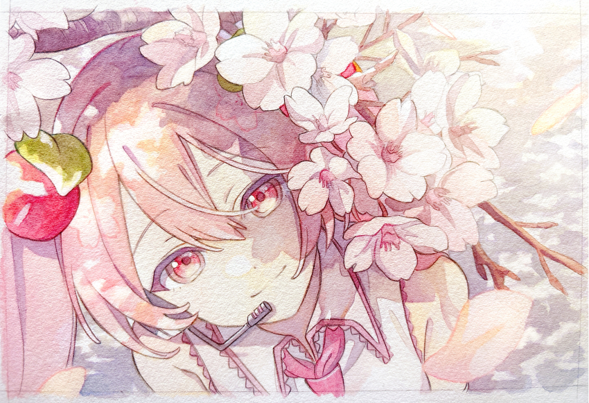 1girl absurdres bare_shoulders border branch cherry_blossoms cherry_hair_ornament close-up closed_mouth collared_shirt commentary food-themed_hair_ornament from_above hair_between_eyes hair_ornament hatsune_miku headphones highres light_smile long_hair looking_at_viewer microphone necktie painting_(medium) pato_(ptro) petals pink_eyes pink_hair pink_necktie sakura_miku shirt sleeveless sleeveless_shirt solo traditional_media twintails vocaloid watercolor_(medium) white_shirt