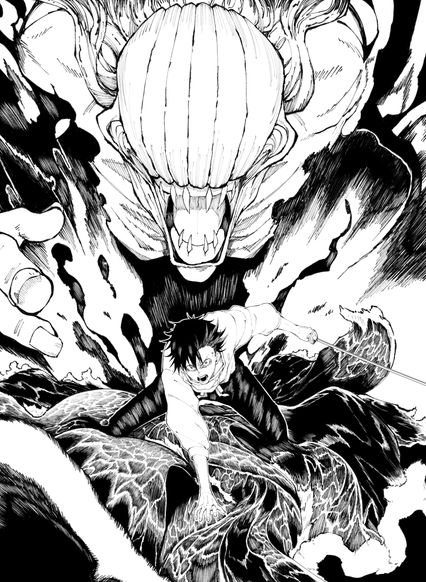 1boy 1other absurdres black_hair highres holding holding_weapon jujutsu_kaisen katana monochrome okkotsu_yuuta open_mouth orimoto_rika shinigami sword tsukamoto_minori weapon