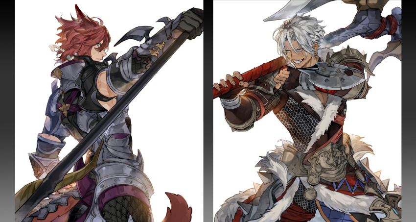 animal_ears armor axe battle_axe blood braid cat_ears earrings final_fantasy final_fantasy_xiv grin gyou_chin highres holding holding_polearm holding_weapon jewelry looking_back male_focus miqo&#039;te over_shoulder parted_lips polearm red_hair scar scar_on_face short_hair smile tail warrior_of_light_(ff14) weapon weapon_over_shoulder white_background wiping_blood