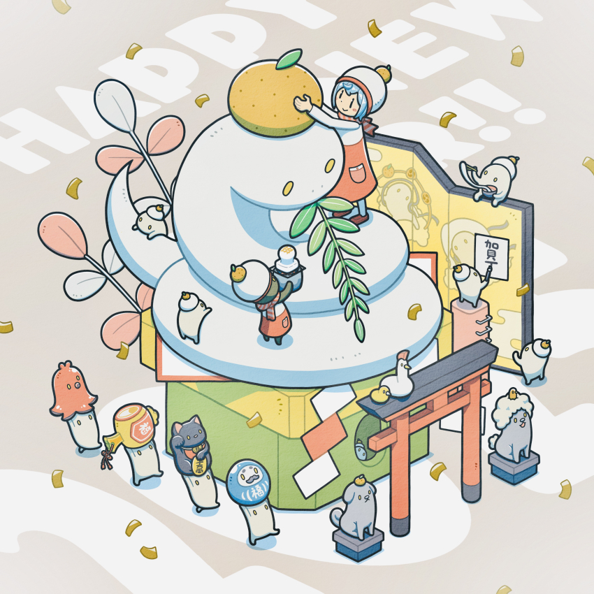 absurdres animal bird chinese_zodiac chopsticks confetti daruma_doll duck duckling food food_art fruit giant_snake hat highres holding holding_chopsticks kagami_mochi maneki-neko mochi new_year original oversized_animal sanbou snake tako-san_wiener torii tti_design white_snake year_of_the_snake