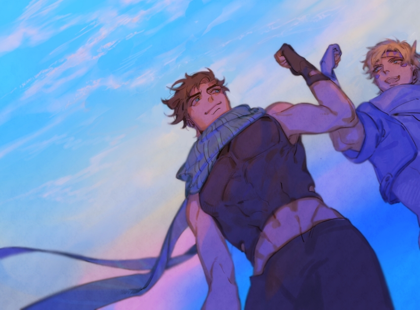 2boys abs battle_tendency blonde_hair blue_eyes blue_jacket brown_hair caesar_anthonio_zeppeli cloud crop_top facial_mark feather_hair_ornament feathers fingerless_gloves fist_bump from_behind gloves groin hair_ornament headband highres jacket jojo_no_kimyou_na_bouken joseph_joestar joseph_joestar_(young) male_focus midriff mitus multiple_boys scarf sky striped_clothes striped_scarf sunrise toned toned_male triangle_print