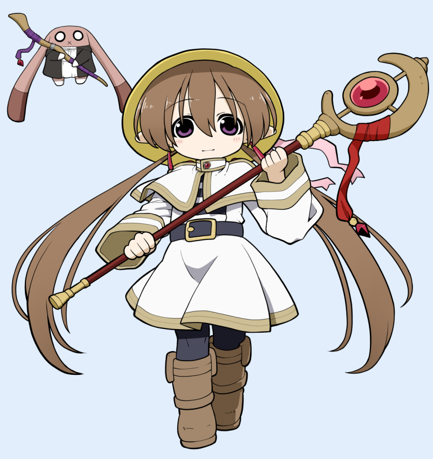 1girl belt belt_buckle black_pantyhose blue_background blush boots brown_boots brown_hair buckle capelet closed_mouth commentary_request cosplay earrings fern_(sousou_no_frieren) fern_(sousou_no_frieren)_(cosplay) floating frieren frieren_(cosplay) full_body hair_between_eyes hat hat_ribbon highres holding holding_staff jacket jewelry long_hair long_sleeves no_nose pantyhose pink_ribbon pointy_ears purple_eyes ribbon school_hat shirt simple_background skirt skirt_set smile solo sousou_no_frieren staff striped_clothes striped_shirt stuffed_animal stuffed_rabbit stuffed_toy tsukuyomi_ai twintails very_long_hair voiceroid white_capelet white_jacket white_skirt yellow_hat yunji