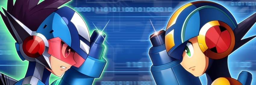 2boys arm_cannon bad_id bad_pixiv_id black_hair blue_background clenched_teeth crossover face-to-face geo_stelar_(mega_man) green_eyes helmet highres male_focus mega_man_(series) mega_man_battle_network mega_man_battle_network_(series) mega_man_star_force_(series) megaman.exe multiple_boys netnavi novady official_style portrait teeth weapon
