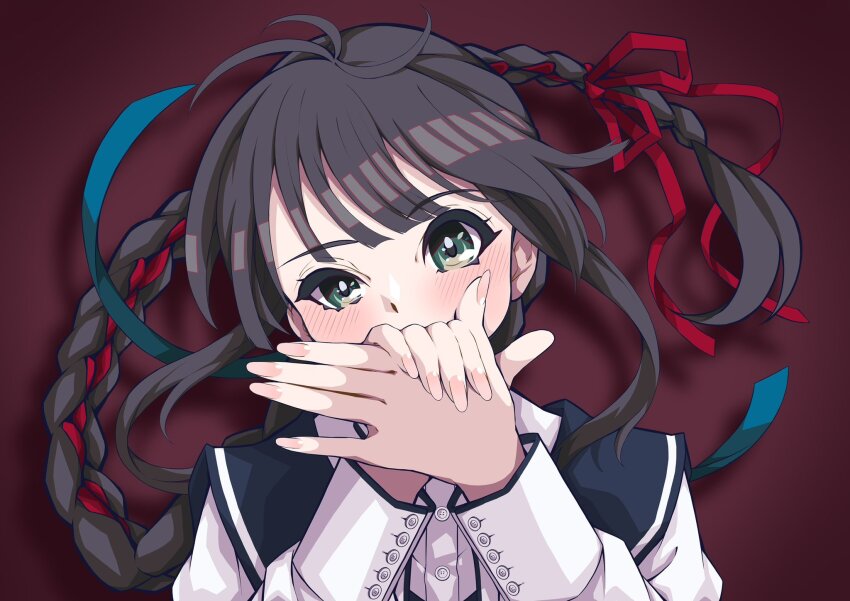 1girl 22/7 black_dress black_hair blush braid braided_ponytail dress floating_hair green_eyes green_ribbon hair_ribbon highres keisanchuu_new_costume lionmaru0808 long_hair long_sleeves looking_at_viewer pinafore_dress portrait red_background red_ribbon ribbon shirt shirt_under_dress sidelocks simple_background sleeveless sleeveless_dress solo white_shirt yagami_toa