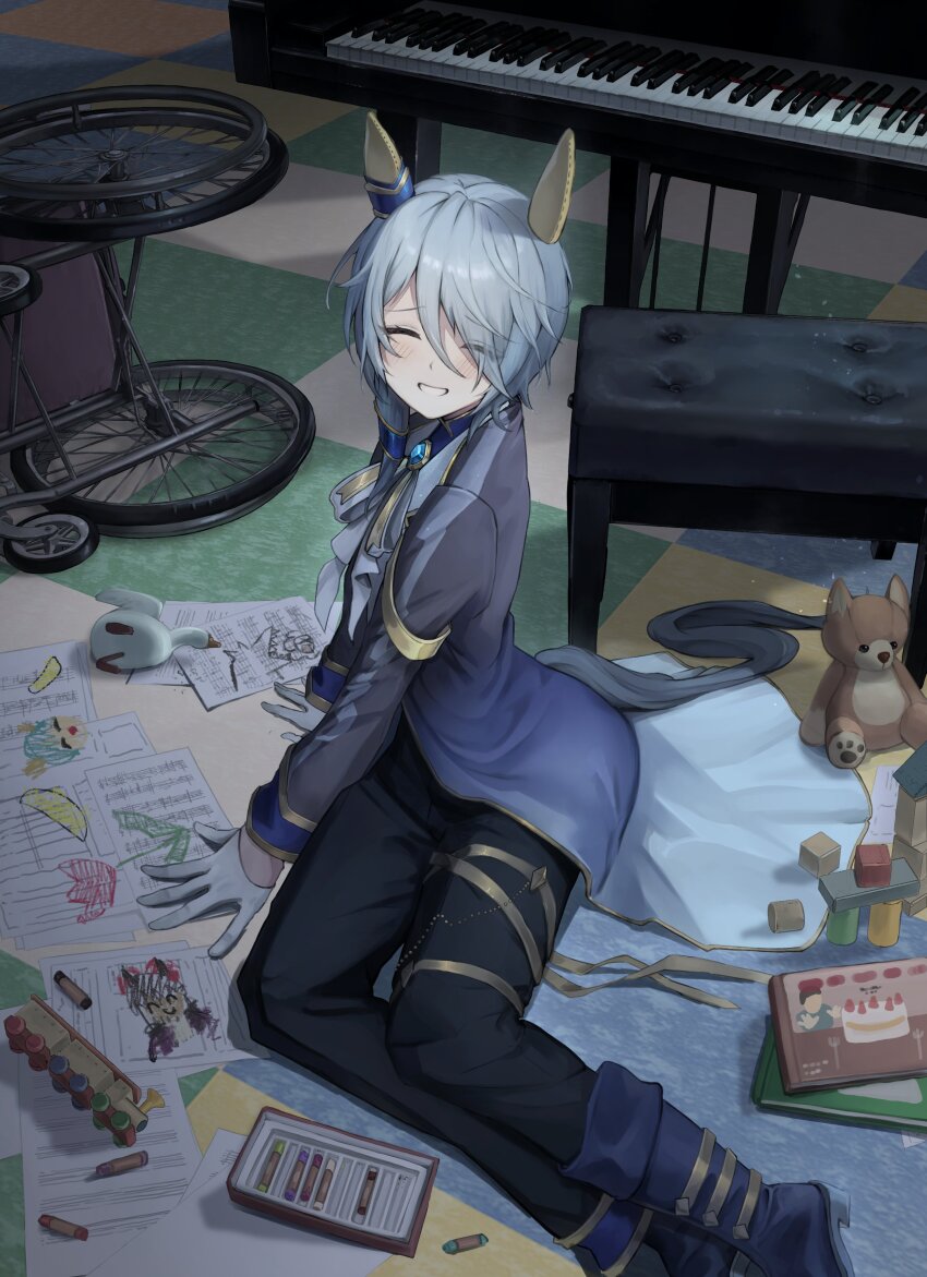 1girl absurdres animal_ears black_boots blue_hair blue_jacket boots bow closed_eyes closed_mouth crayon ear_covers ear_ornament facing_viewer feet_out_of_frame grand_piano grin hair_between_eyes highres horse_ears horse_girl horse_tail instrument jacket k.s.miracle_(umamusume) light_blue_hair long_sleeves on_ground pants piano piano_bench sheet_music short_hair sitting smile solo tail toy tsujiya_okuyasu umamusume wheelchair white_bow wooden_floor yokozuwari