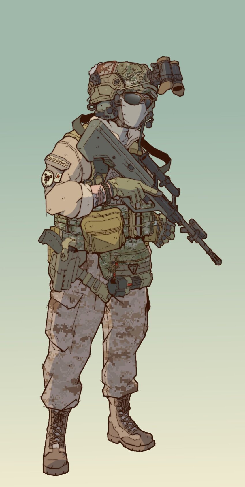 ambiguous_gender arm_tattoo assault_rifle balaclava boots bullpup camouflage camouflage_jacket digital_camouflage gloves gun gun_sling handgun hat_legs headset helmet highres holster jacket luxembourgish_army mask microphone military_uniform mouth_mask night_vision_device original other_focus patch pouch rifle scope shoulder_patch simple_background solo steyr_aug sunglasses tattoo trigger_discipline weapon