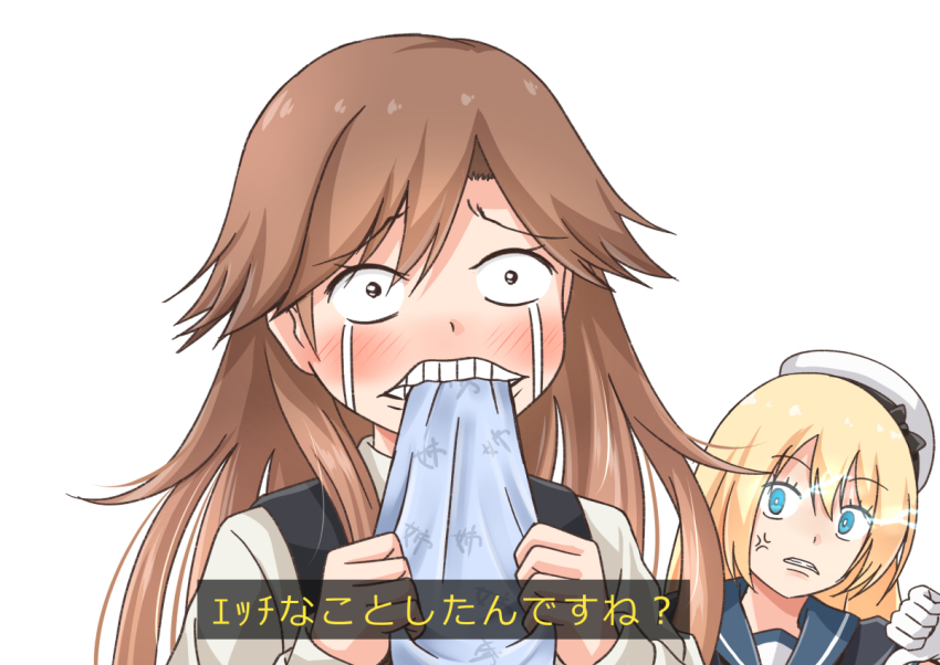 2girls arashio_(kancolle) arashio_kai_ni_(kancolle) biting blonde_hair blue_eyes blue_sailor_collar brown_eyes brown_hair comiching commentary_request crying flaming_eyes hat jervis_(kancolle) kantai_collection multiple_girls sailor_collar sailor_hat streaming_tears subtitled tears thumbs_down translation_request