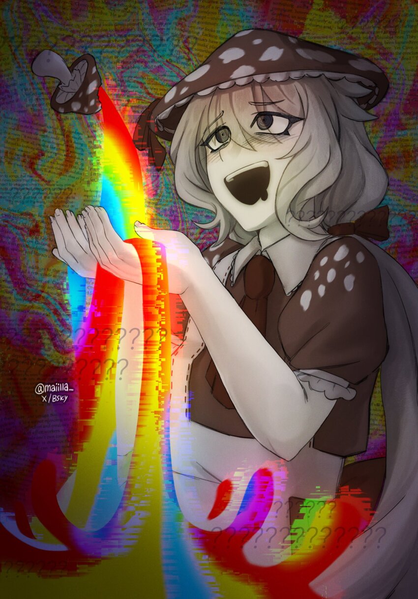 1girl :d ? ?? @_@ alternate_costume blonde_hair blush commentary drooling enna_alouette highres long_hair low_twintails maiilla mouth_drool mushroom mushroom_hat nijisanji nijisanji_en open_mouth psychedelic smile solo symbol-only_commentary twintails twitter_username very_long_hair virtual_youtuber