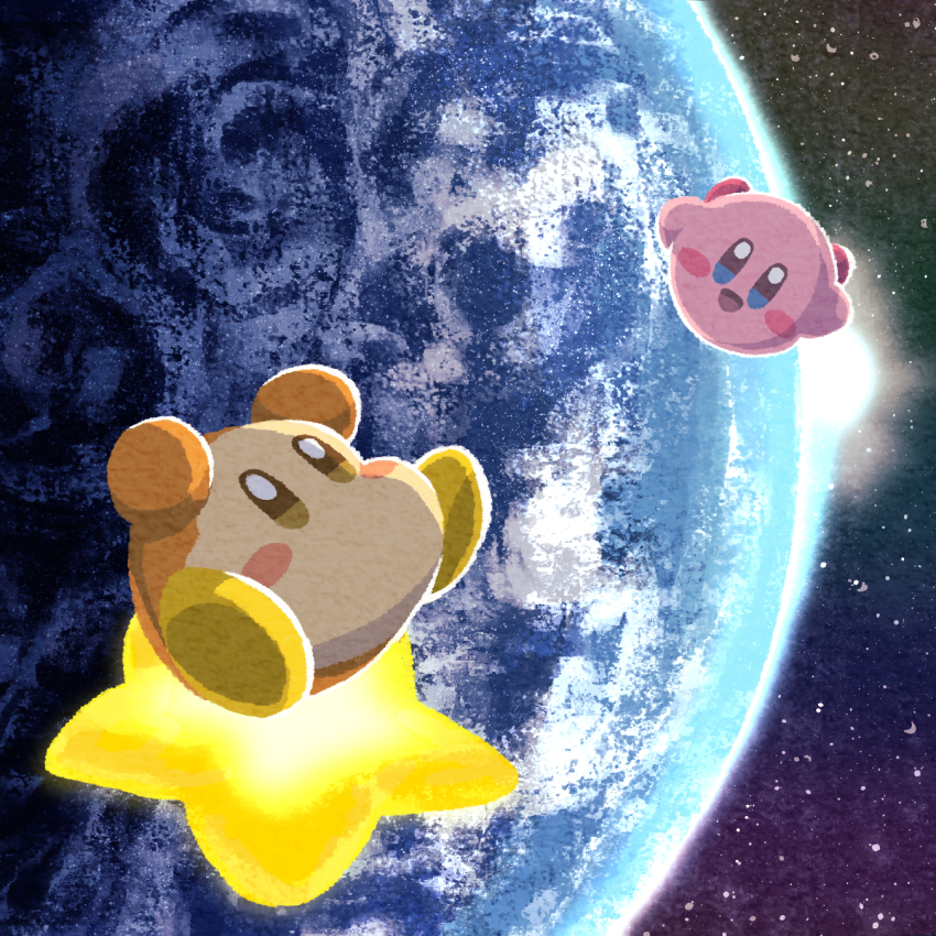 :d arms_up blue_eyes blush blush_stickers brown_eyes commentary_request earth_(planet) floating highres kirby kirby_(series) looking_at_viewer miclot nintendo no_humans open_mouth planet red_footwear shoes smile space star_(sky) star_(symbol) sun waddle_dee warp_star yellow_shoes