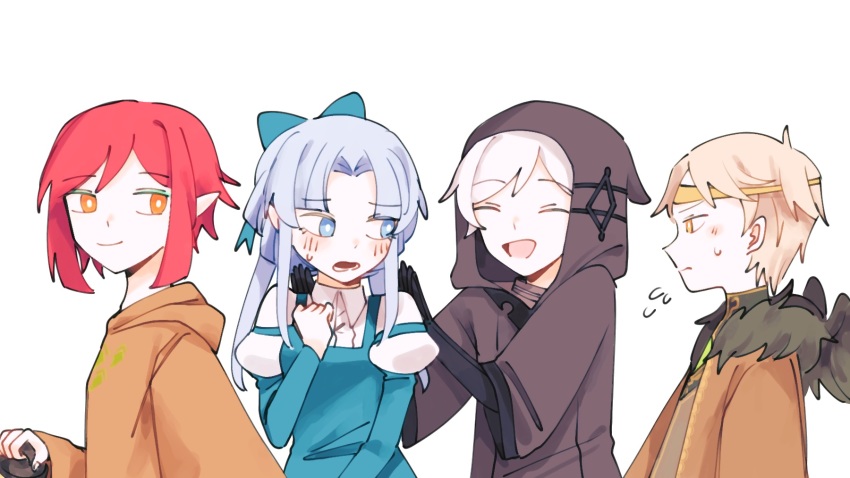2boys 2girls blonde_hair blue_eyes blush corme_linkbell embarrassed closed_eyes fukuro_(woasu) giera_toph highres long_hair looking_at_another multiple_boys multiple_girls nabob ophelia_pilet orange_eyes pale_skin pointy_ears red_hair short_hair smile walking_on_a_star_unknown white_hair