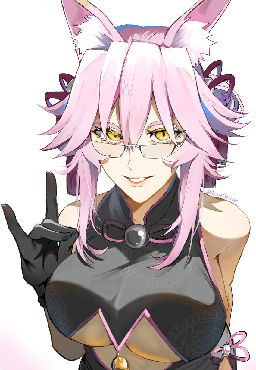 1girl absurdres animal_ear_fluff animal_ears artist_name bare_shoulders black_dress black_gloves breasts center_opening china_dress chinese_clothes clothing_cutout dress fate/grand_order fate_(series) fox_ears fox_girl fox_shadow_puppet fox_tail glasses gloves hair_between_eyes hair_bun highres kimyona_jagariko koyanskaya_(chinese_lostbelt_outfit)_(fate) koyanskaya_(fate) large_breasts lips long_hair looking_at_viewer parted_lips pink_hair shadow smile solo tail tamamo_(fate) teeth underboob underboob_cutout white-framed_eyewear