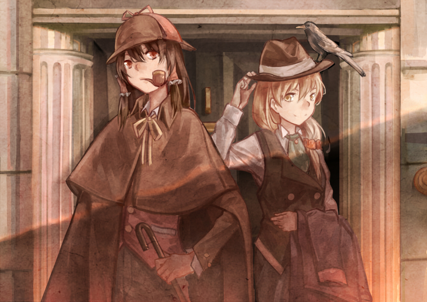 2girls alternate_costume bird blonde_hair brown_eyes brown_hair cape closed_umbrella crow gloves hair_tubes hakurei_reimu hat jacket unworn_jacket john_hamish_watson kirisame_marisa long_hair looking_at_viewer multiple_girls necktie norizc parody pillar pipe_in_mouth ribbon sherlock_holmes smile smoking_pipe the_adventures_of_sherlock_holmes touhou umbrella vest victorian yellow_eyes