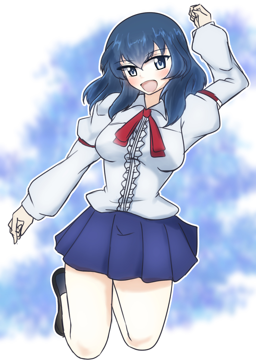 1girl absurdres blue_eyes blue_hair breasts eclair_(girls_und_panzer) girls_und_panzer girls_und_panzer_gekitou!_maginot-sen_desu!! highres long_hair maginot_school_uniform school_uniform shirt smile white_shirt yoppi_garupan