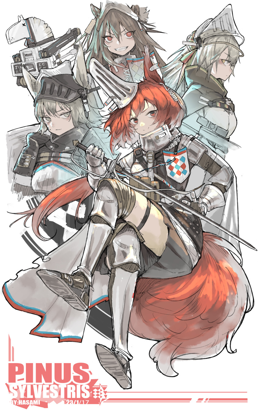 4girls absurdres animal_ears arknights armor ashlock_(arknights) crossed_legs fartooth_(arknights) flametail_(arknights) gauntlets greaves grey_eyes grey_hair helmet highres horse_ears hua_ha_jiazi justice_knight_(arknights) long_hair multiple_girls red_eyes red_hair smile squirrel_ears squirrel_tail sword tail visor_(armor) weapon wild_mane_(arknights) yellow_eyes